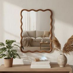 New 30x40 Inch Wavy Rectangle Wall Mirror, Solid Wood Frame Decorative Mirror with Tempered Glass, Unique Boho Art Deco