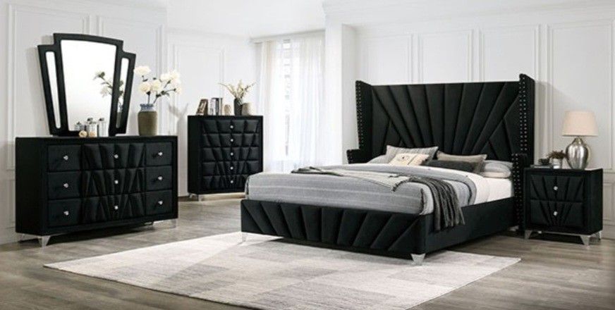 Brand New Black Velvet 4pc Queen Bedroom Set (Available In Eastern King)
