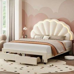 Full Size LED Bed Frame with Drawer, Velvet Upholstered Platform Bed with Adjustable Petal Headboard for Kid, Beige