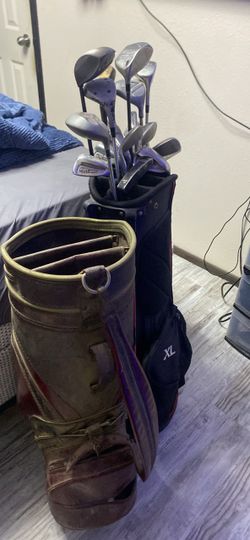 Golf clubs, 2 golf bags, golf balls