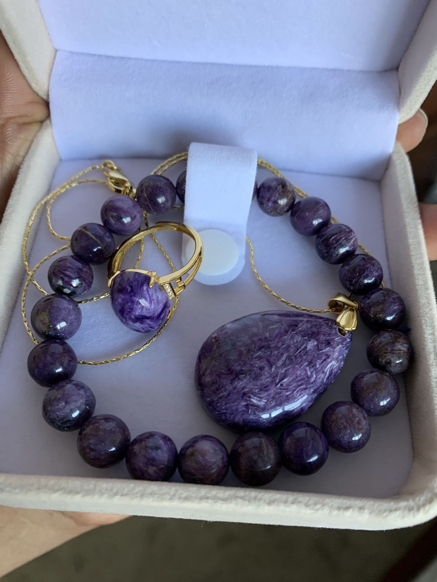Genuine crystal high quality charoite jewelry set in silver s925, new with gift box