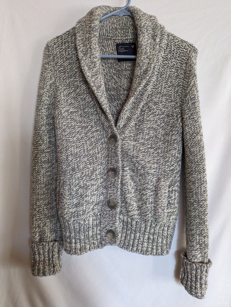 Women's Medium M American Eagle Cardigan Sweater Top Button Up With Pockets White Gray Knit Cotton