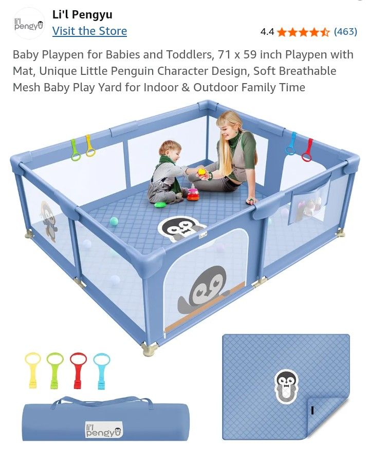 Baby Playpen for Babies and Toddlers, 71 x 59 inch Playpen with Mat, Unique Little Penguin Character Design, Soft Breathable Mesh Baby Play Yard for I