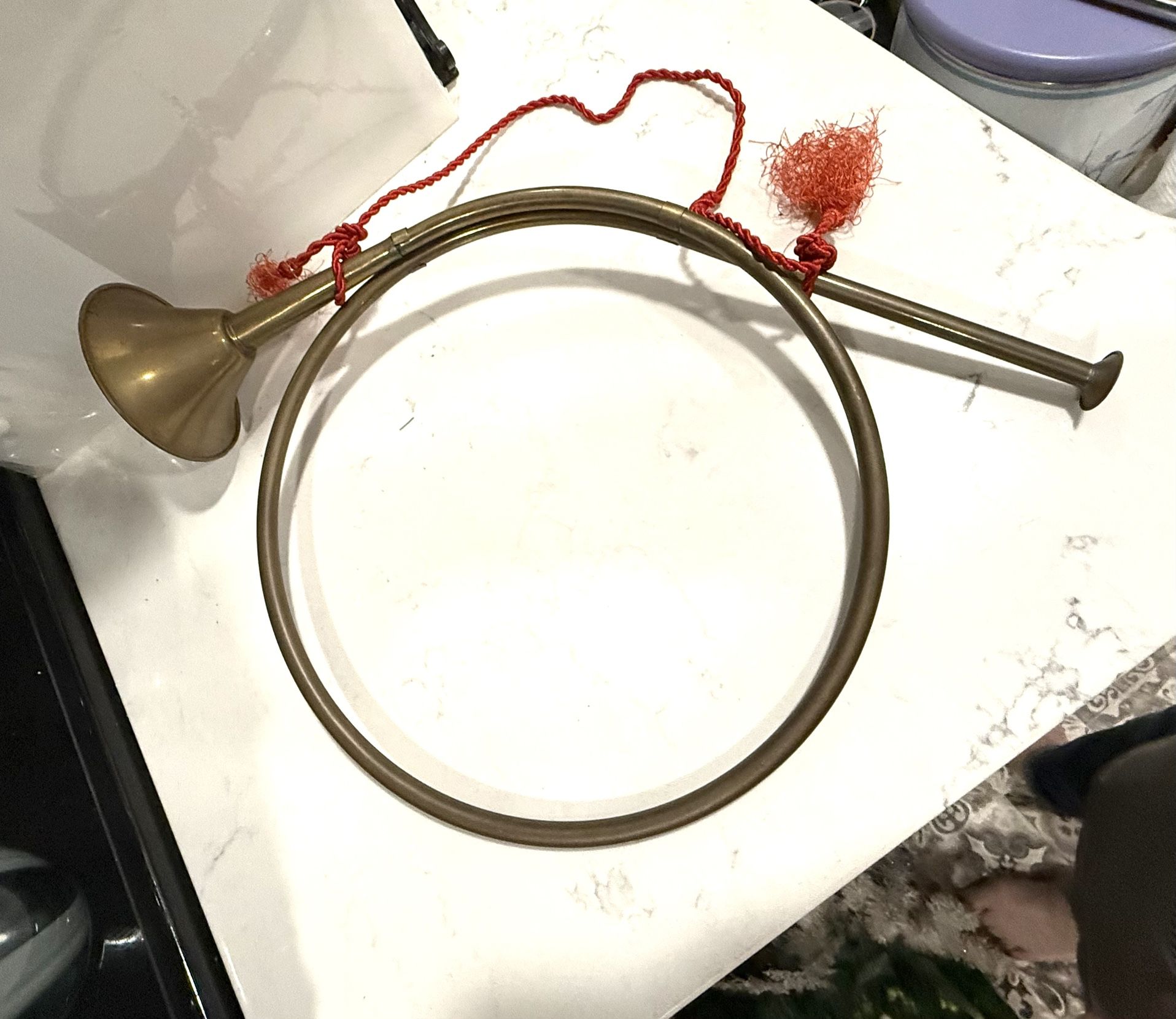 Large Brass Colored Metal Looped Horn 18” Long  - Great for Holiday Decor 