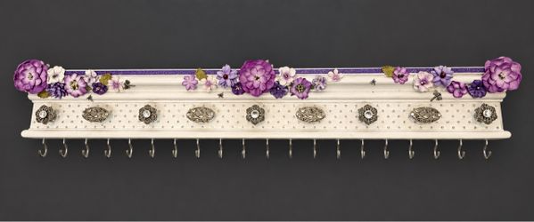 Handmade Purple Floral Jewelry Organizer Wall Rack Hooks 26” Shabby Chic