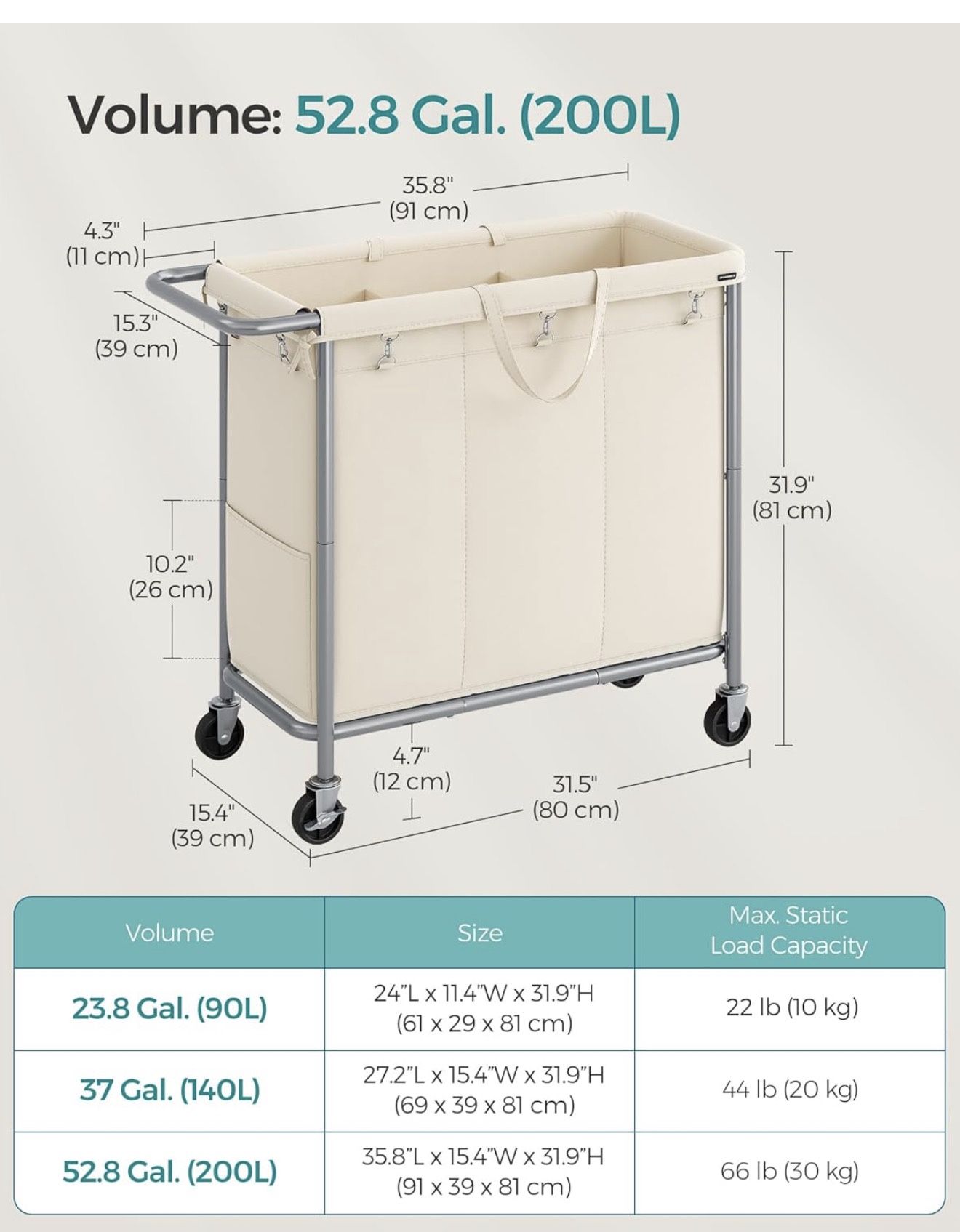 3 Section Laundry Basket On Wheels - 200L
