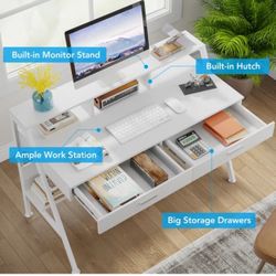 Kravitz Writing Desk with Drawers, Computer Desk with Metal Base, White Desk