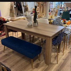 Oak Wood Dining Table Set With A Blue Bench