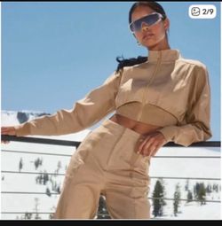 Beige Cropped Zip Jacket and Pants Set