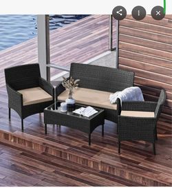 Nestl 4-Piece Brown Patio Outdoor Furniture Wicker Conversation Set with Beige Cushions, 1-Loveseat, 2-Chairs and Coffee Table