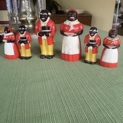 Three sets of aunt Jemima and uncle Moses from the 50s salt and pepper shaker soul together