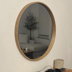 Round Wood Framed Wall Mirror