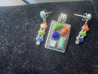 925 Sterling Silver Multi-Stone Southwestern Pendant & Earring Set — Natural Turquoise, Spiny Oyster