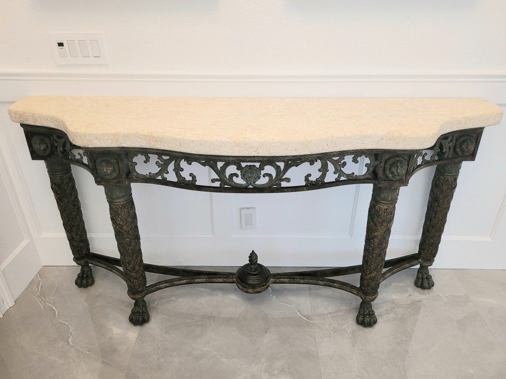 High End Designer Maitland Smith Console Table Iron Stone Top Lion Heads