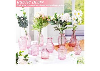Inbagi 20 Pcs Glass Bud Vase Set - Pink Small Flower Vases Bulk, Vintage Embossed Decorative Bottles for Wedding Valentine Home Table Centerpieces Dec
