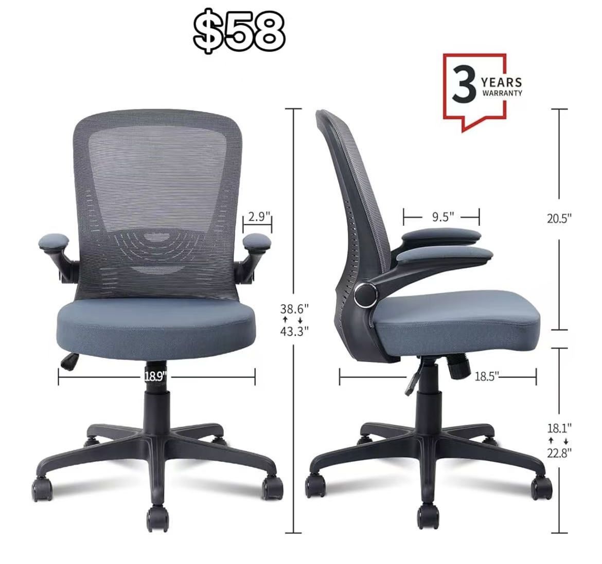 😀 CLATINA Ergonomic Office Desk Chair, Office Guest Chair Reception Mid Back Mesh Office Chair Ergonomic Swivel Grey Mesh Computer Chair Flip Up Arms