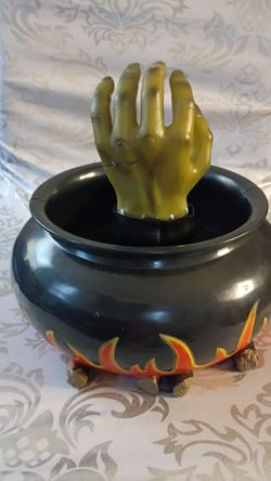 Halloween Animated Cauldron Candy Bowl with Zombie Hand