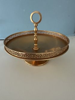 Vintage Italian Gold Metal Pedestal Serving Tray 7" Round
