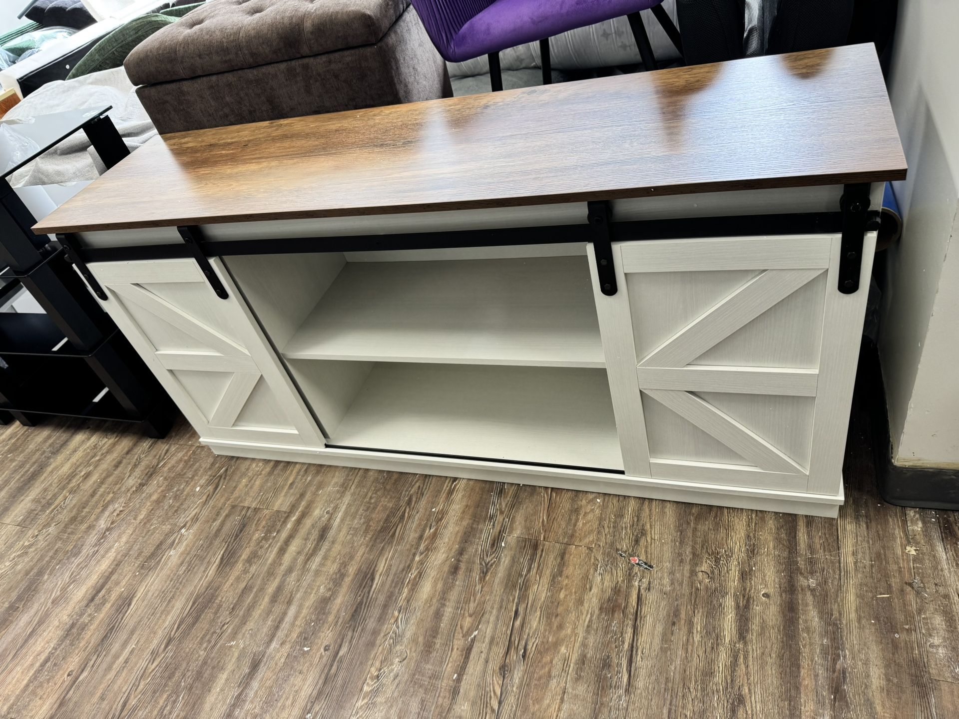 New Entertainment Center with Storage Cabinets and Sliding Barn Doors, Mid Century Modern Media TV Console Table for Living Room Bedroom (Bright White