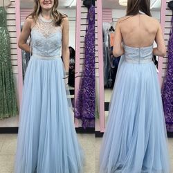 New With Tags Sherri Hill Baby Blue With Small White Beading & Lace Bodice Long Formal Dress & Prom Dress $215