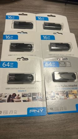 PNY Attaché 4 USB 2.0 flash drives, available in 16GB and 64GB capacities.