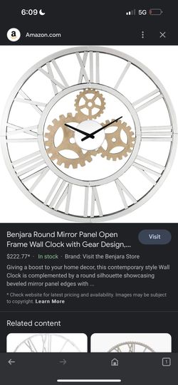 Benjara Round Mirror Panel Open Frame Wall Clock with Gear Design, Silver