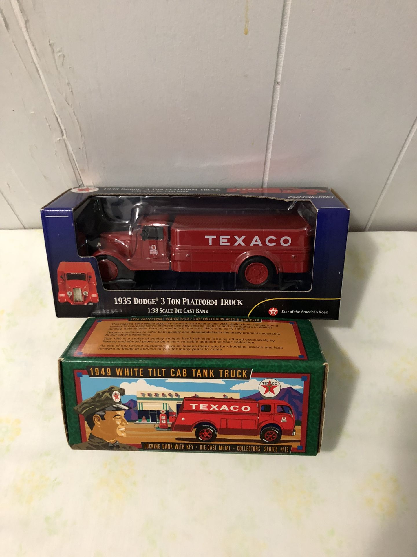 Texaco 1935 Platform Truck 1:38 Scale Die Cast Bank,1949 White Tilt Cab Tank Truck Die Cast Bank $20 Each