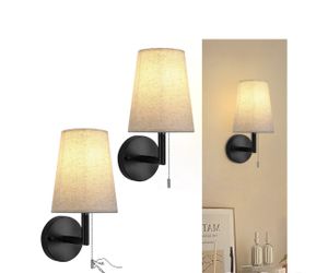 Lightess Pull Chain Light Fixture Wall, Indoor Wall Sconces Set of 2, Vintage Wall Lamps with White Fabric Shade for Bedroom Living Room Corridor