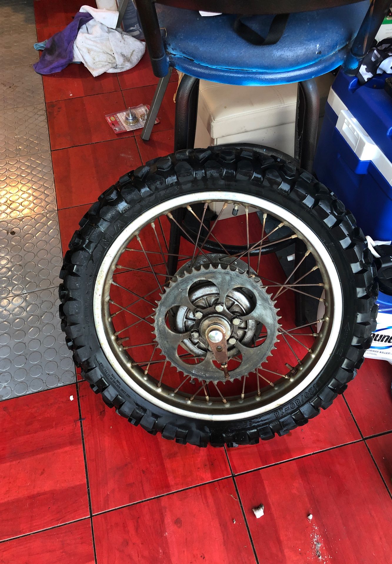 Dirt bike rim tire and complete rear wheel assembly