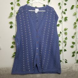 Vintage Hasting & Smith 2X Crochet Knit Beaded Button Up Sleeveless Sweater Vest
