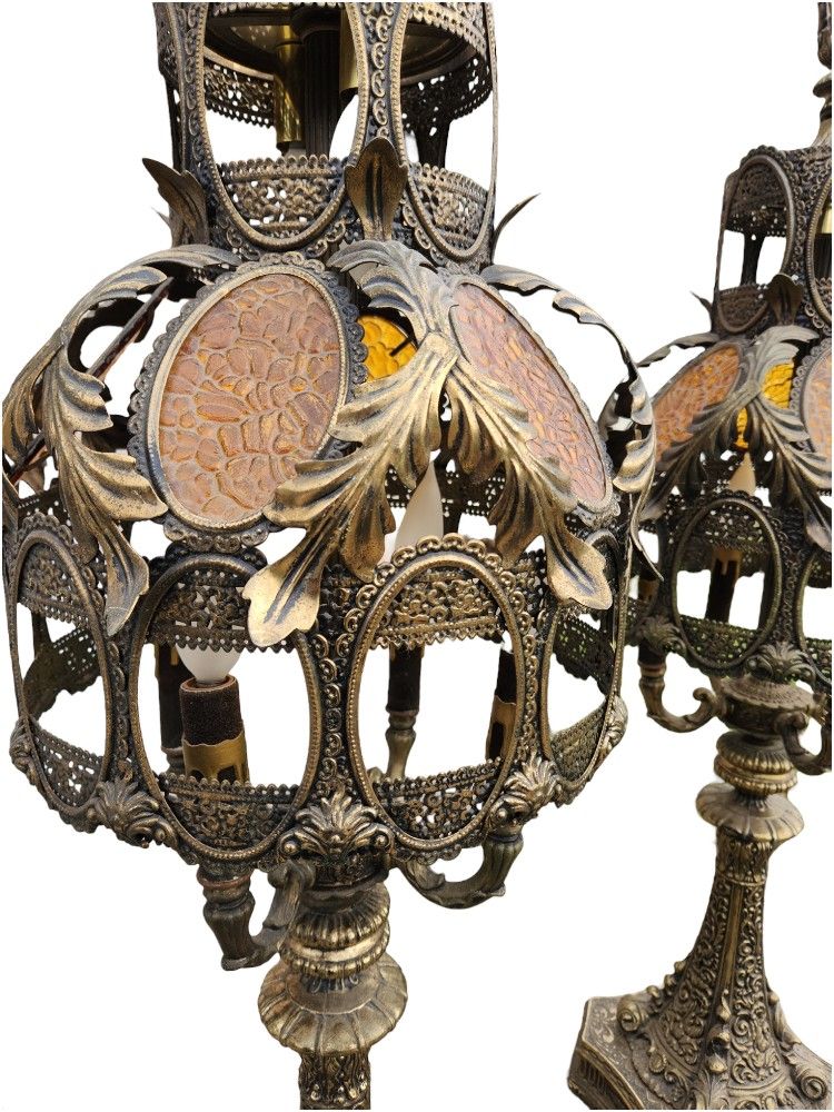 Set Pair 2 Vintage Loevsky? Brass? End Table Lamps Heavy Hollywood Regency 1970s MCM Moroccan