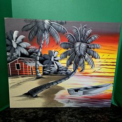 Vintage Oil On Canvas Painting Titled " Sunset Serenity " Signed 23.5"×19.5"