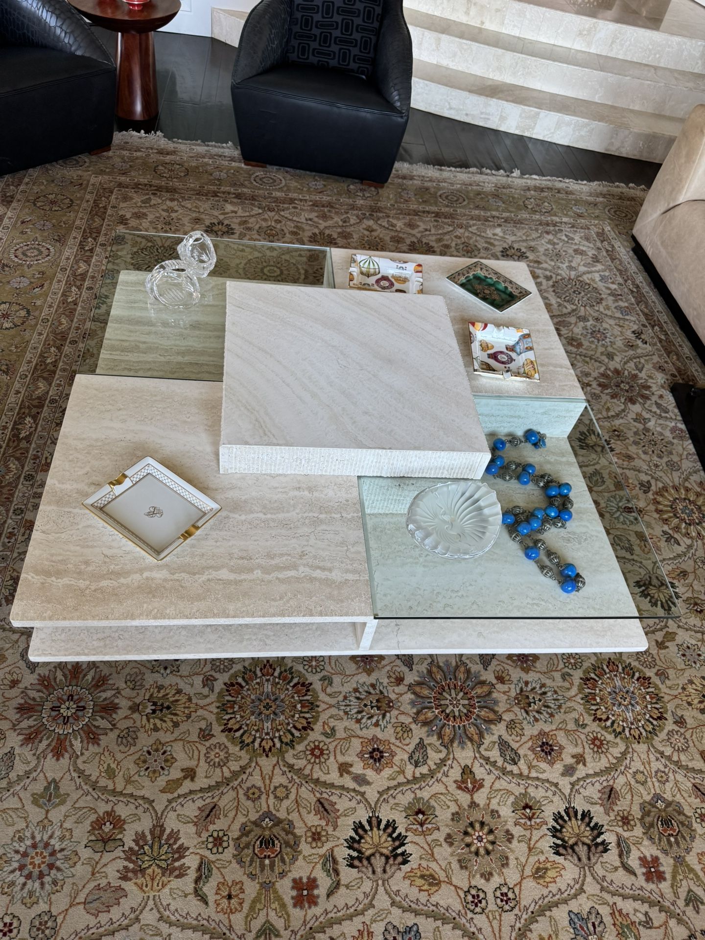 2 Piece Set Travertine & Glass Coffee And Side Table