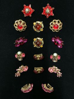 Vintage Rhinestone Brooches & Earrings Lot - Red Pink ($20-$40 each)
