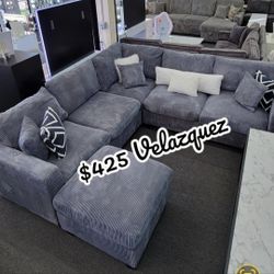 ✅️✅️️✅️4 pc Grey cordury fabric upholstered sectional sofa with ottoman✅️✅️