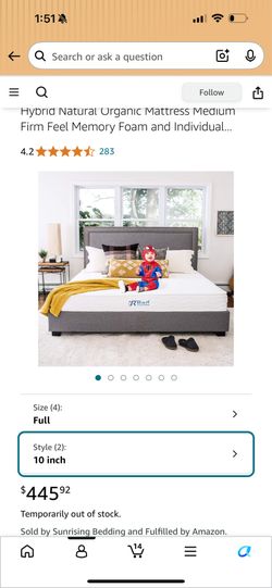 Full Size Organic Cotton Hybrid Mattress - Sunrising Bedding ($445 New)