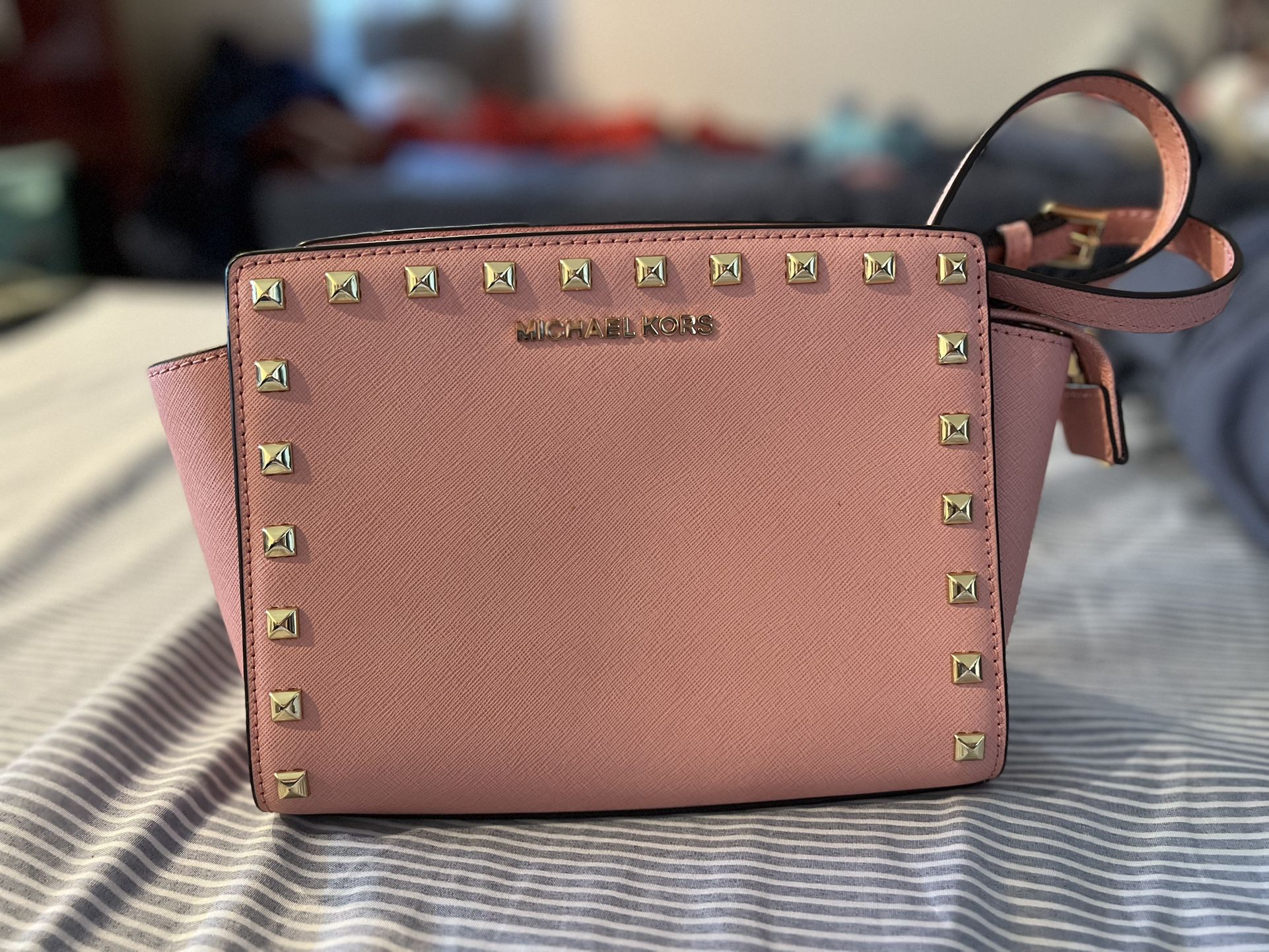 Michael Kors Selma Studded Medium Leather Crossbody in Pale Pink $248