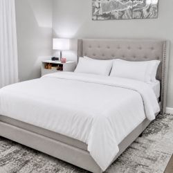 Gray Upholstered Wingback Queen Bed Frame 