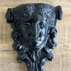 Vintage Wall Sculpture Planter Pocket Floral Lady Face Flowers Head Mold Black