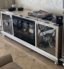 Silver TV Stand with Electric Fireplace Insert