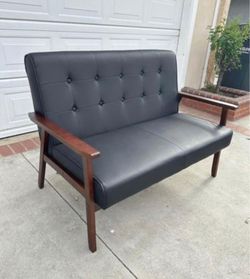 Mid century faux black leather Wood Arm Loveseat