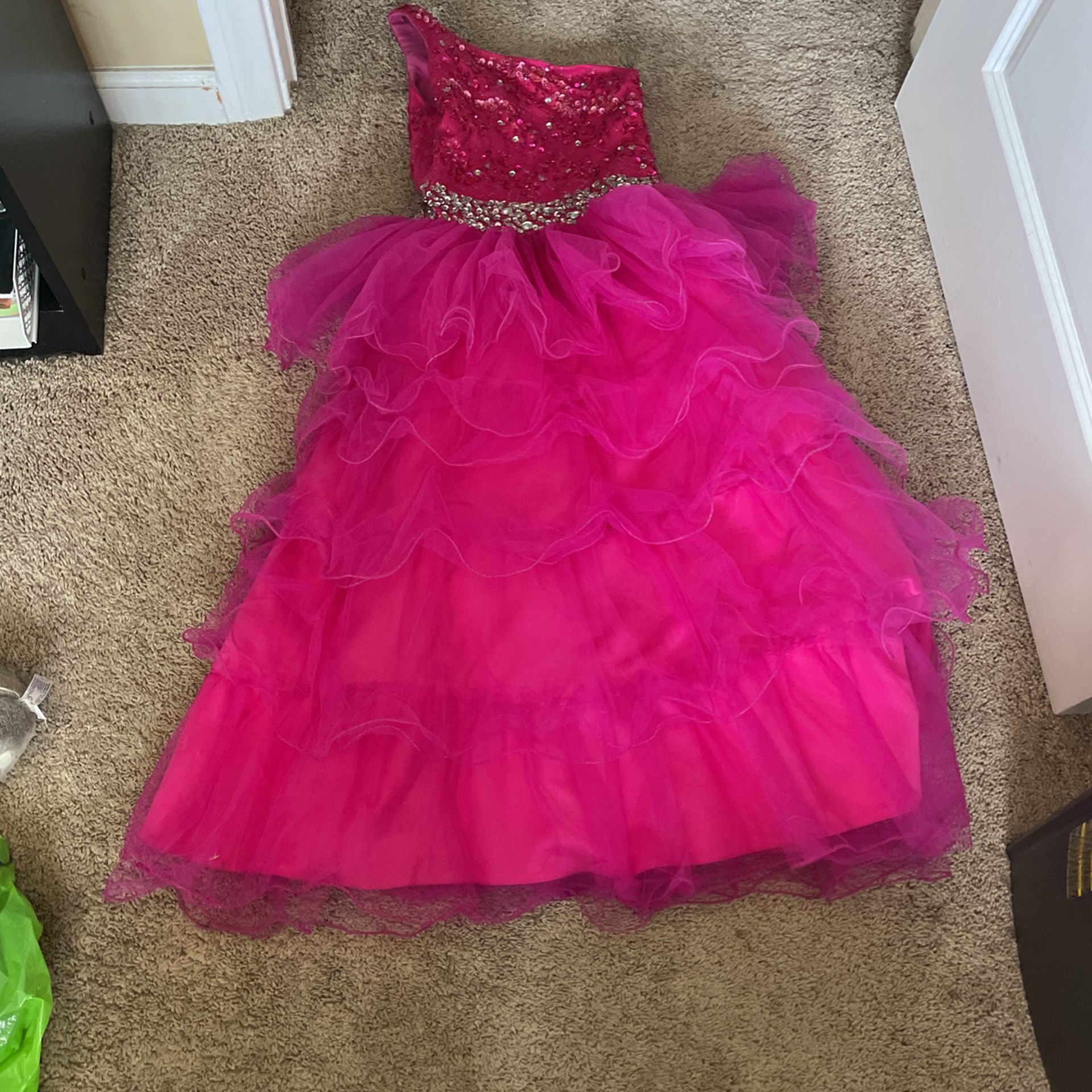 magenta pink kids dress with silver rhinestones and ruffles, wore this when i was 10 w