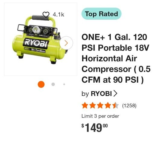 Ryobi One+ 1 Gallin Air. Compressor
