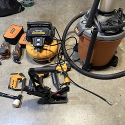 Air Compressor Combo Kit, Husky Floor Nailer With Mallet, Ridgid Sander, Ridgid Jigsaw, Ridgid Shop Vac