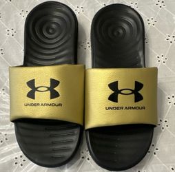 Under Armour Metallic Gold and Black Slide Sandals size 9 woman-7.5 Mens