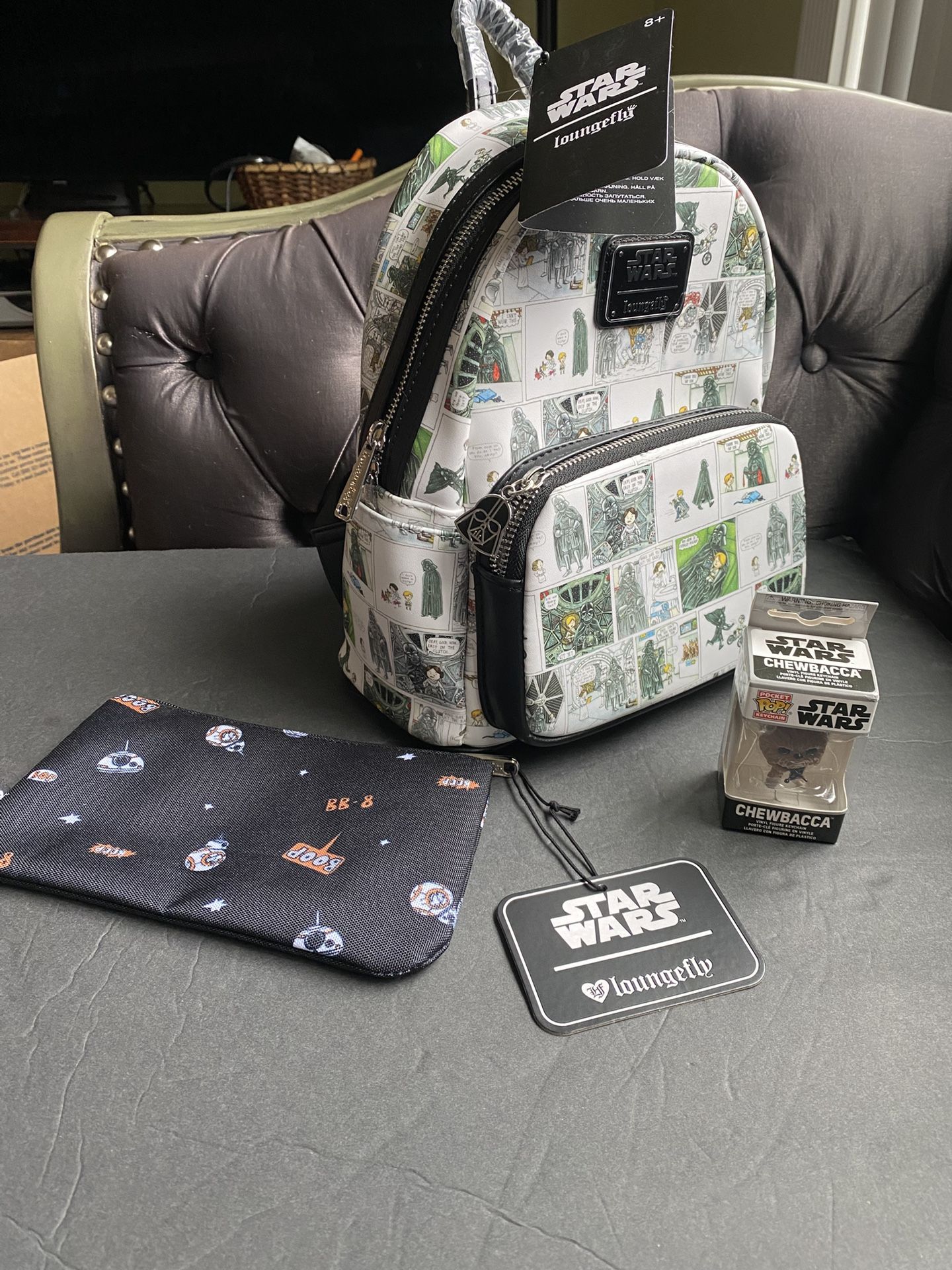 Loungefly Mini Back Pack Star Wars “I Am Your Father’s Day” Series + Droid Pouch + Pocket Pop Keychain Chewbacca
