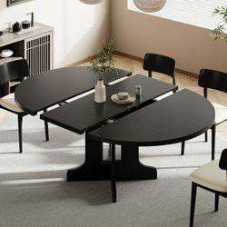 59" Extendable Round Dining Table for 4-8 , Modern Kitchen Oval Dining Table, Space Saving, Wooden Tabletop & Base, Black
