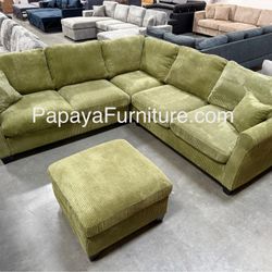 New! Green Sectional Sofa And Ottoman, Sage Sectional, Sectionals, Sofa, Couch, Living Room Sofa, Corduroy Sectional, Plush Sectional,Soft Plush Couch