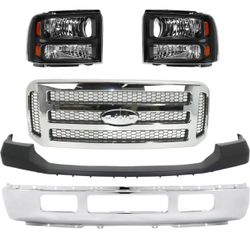 NEW Front Bumper Upper and Lower, Black Housing Headlights and Chrome Grille for Ford F250 and F350 From 2005 to 2007 Also Fits Excursion 2005