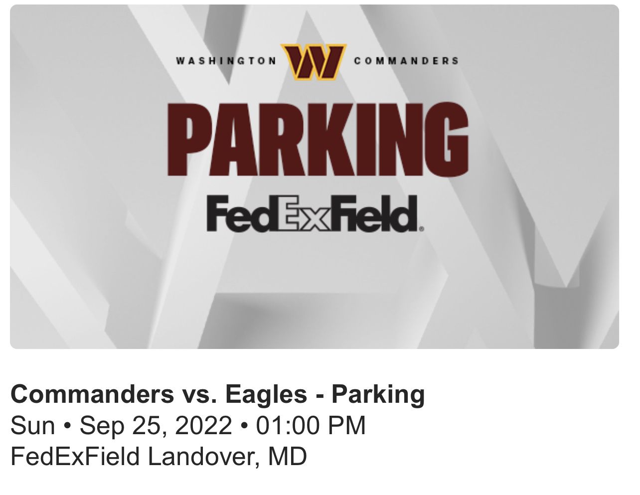 Commanders Parking Pass  vs Eagles